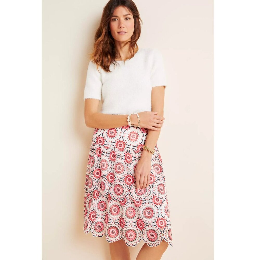 Anthropologie Eva Franco Cream & Red Lace Midi Skirt with Scalloped Hem NWT